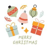Merry Christmas simple card on white background with hand written text, present boxes and christmas balls. . Christmas flat design for poster, card, sticker. vector