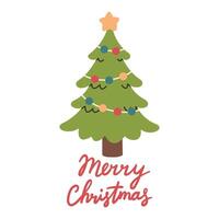 Merry Christmas simple card on white background with hand written text. Green Christmas tree with christmas balls. Flat christmas tree illustration vector