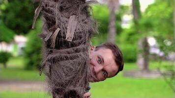 Man looks out of palm tree making grimaces in green garden video