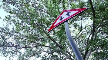 Road sign Two way traffic on bent grey pole near tree video