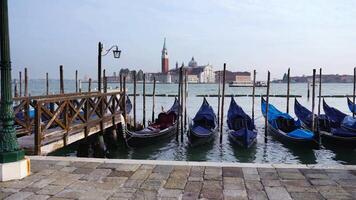 Motion along pavement and navy gondolas in Venice lagoon video