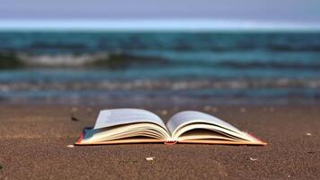 Paper book pages waved by light breeze put on wet sand video