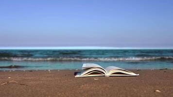 White book pages turned by strong wind lying on yellow beach video