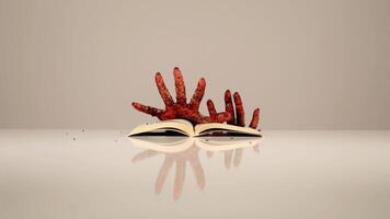 Dirty hands appear from behind table and touch paper book video