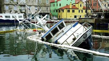 Old sailboat broken after crash sunken in calm river water video