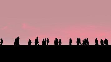 Silhouettes of people with children walk and ride bicycles video