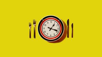 Clock with fork and knife as hands on yellow background video
