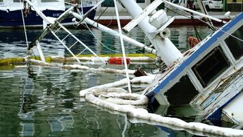 Rusty details of old damaged sailboat sunken after shipwreck video