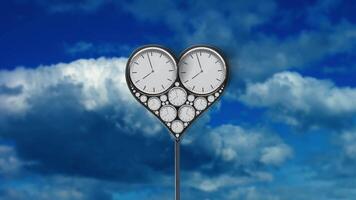 Heart formed with clocks against sky with floating clouds video
