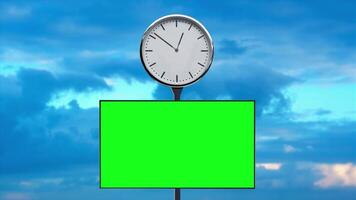 Clock and screen with chromakey on pole against clouds video