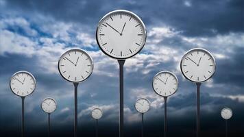 Clocks with rotating arrows against sky with heavy clouds video