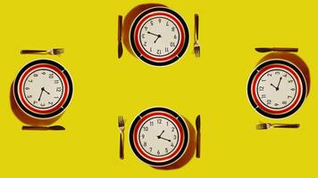 Set of clocks on plates with cutlery on yellow background video