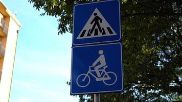 Metal traffic signs Pedestrian and Cyclist crossing closeup video