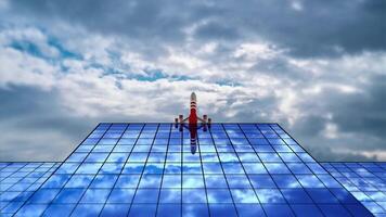 Airplane flies in sky over solar panels with mirror surface video
