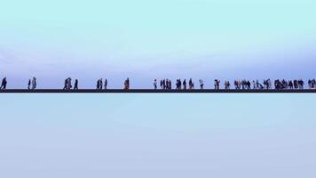 Crowd of people walk along black line on light background video