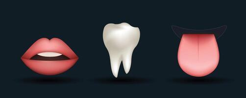 Emoji set. White tooth, tongue and red lips with opened mouth isolated on dark background vector