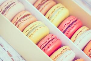 A box of macarons is shown with a variety of colors photo