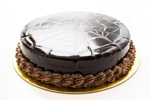 A chocolate cake with a spider web design on top photo