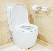 A toilet in a bathroom with a tiled floor photo