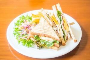 A plate with a sandwich and chips on it photo