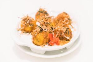 A white plate topped with fried food photo