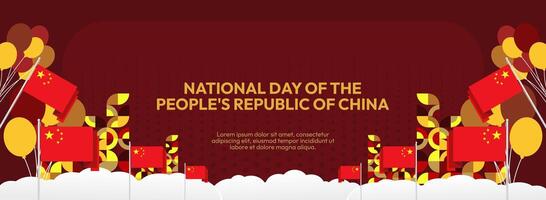Modern greeting card for People's National Day of the Republic of China celebration with geometric ornaments and Chinese flag. Suitable for use as a greeting card, or Chinese New Year vector