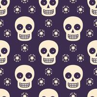 Seamless pattern with sugar skulls and flowers on dark background. Day of the Dead holiday background vector