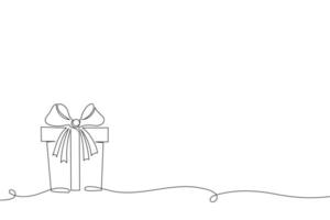 Continuous one line drawing of gift box with ribbon bow. Holiday illustration, line art, greeting card vector