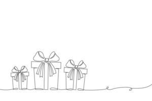 Continuous line drawing of gift boxes with ribbon bow. Holiday illustration, line art, greeting card vector