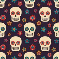 Seamless pattern with sugar skulls and flowers on dark background. Day of the Dead holiday background. Illustration vector