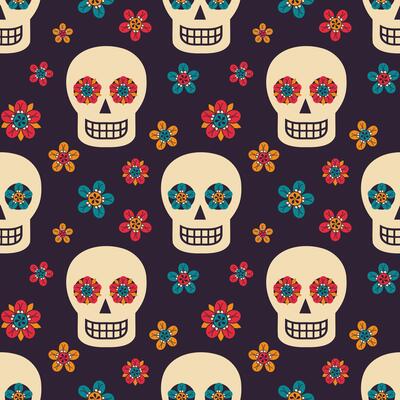Seamless pattern with sugar skulls and flowers on dark background. Day of the Dead holiday background. Illustration