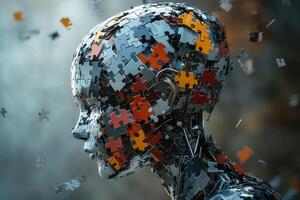 Cyborg head made of puzzle pieces falling apart, concept of artificial intelligence photo