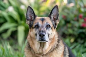 Portrait of beautiful senior german shepherd dog resting in garden photo