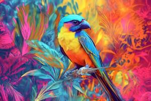 Colorful exotic bird posing on a branch in vibrant jungle scenery photo