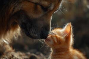 Big dog gently licking tiny ginger kitten's face showing affection photo