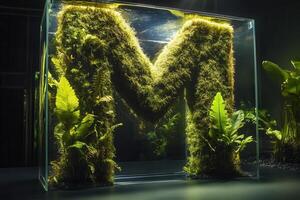 Large letter m made of moss and ferns growing inside aquarium photo
