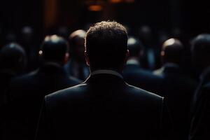 Businessman watching presentation with colleagues in dark conference room photo