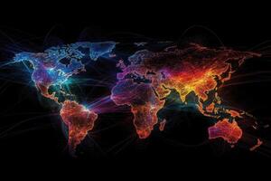 World map showing interconnections and data flowing across continents photo