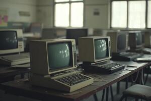 Vintage computers gathering dust in abandoned classroom photo