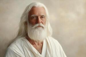 Wise old man wearing white robe and contemplating photo