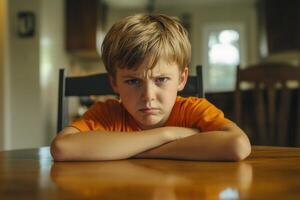 Grumpy child sitting at table with arms crossed and scowling face photo