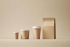 Eco friendly packaging, kraft paper cups and bag promoting sustainable practices photo