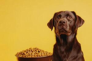 Chocolate labrador retriever sitting next to a bowl of dry food on yellow background photo