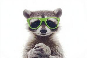 Raccoon wearing green sunglasses and holding a stone on white background photo
