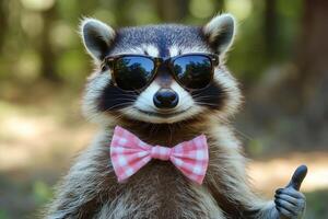 Raccoon wearing sunglasses and bow tie showing thumbs up photo