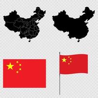 Set of maps, flag and flagpole of China. illustration. vector