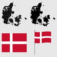 Set of map and map with province, flag and flagpole of Denmark. illustration. vector