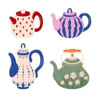 Collection of colorful teapots with hearts, stripes, floral and elegant pattern in flat style. Ideal for tea lovers or as stylish kitchen decoration. Isolated on a white background. vector