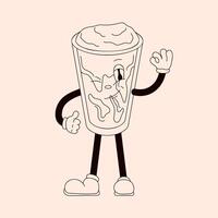 Groovy drink character with thumbs up in line art style. Perfect for retro design. Isolated on a peach background. vector