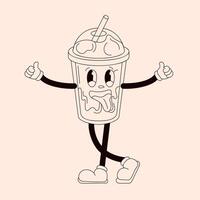 Groovy coffee character shows thumbs up and with drinking straw. Vintage mascot in doodle style. Isolated on a peach background. vector